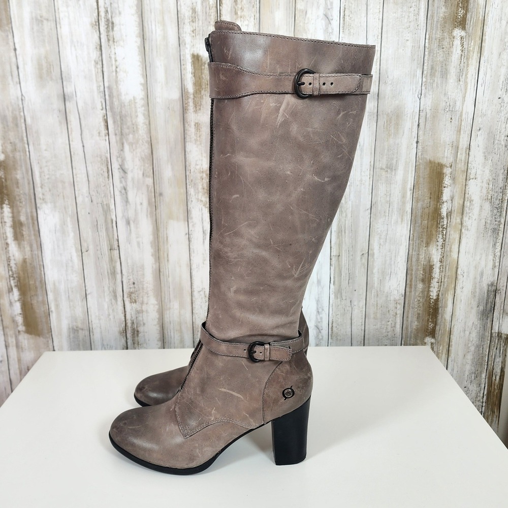 Born BOC Gemini Tall Distressed Leather Boots Sz 8.5 Gray Zip Buckle High Heel - Picture 4 of 16